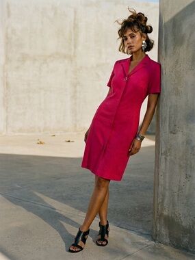Vintage 90s Jones New York Silk Linen Blazer Dress Pink Fuchsia Size 8